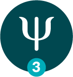 Graphic for third step in process, dark teal circle with a white stylized drawing of the greek letter psy and the number three.