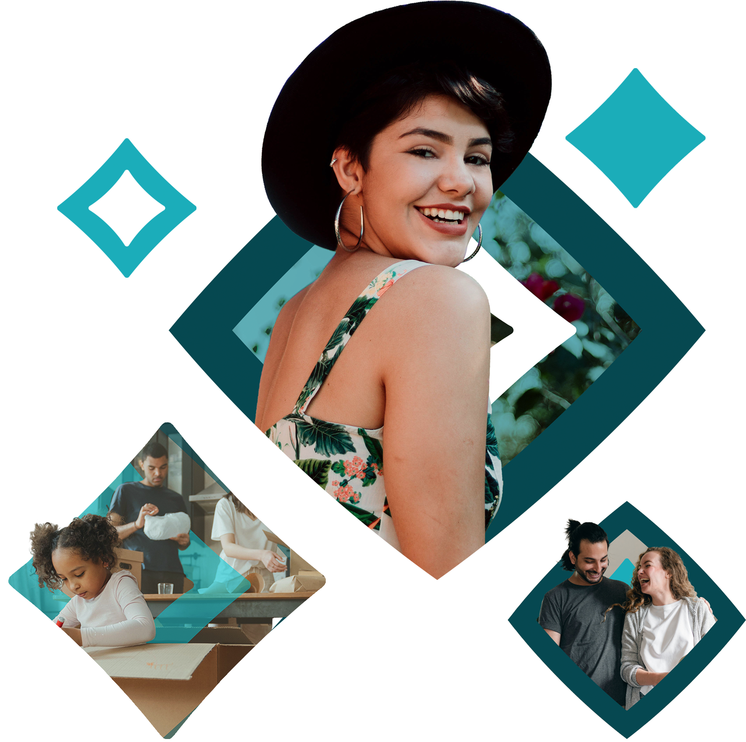 Different vignettes of happy clients. Main one is young hispanic lady smiling at the camera over her shoulder with short hair wearing a black felt hat, flowered sundress, and hoop earrings